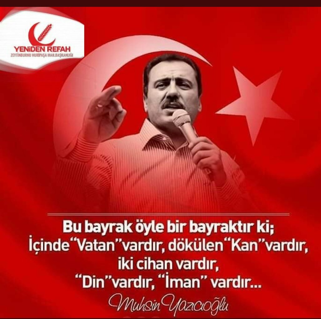 Ey mavi göklerin beyaz ve kızıl süsü,
Kız kardeşimin gelinliği, şehidimin son örtüsü,
Işık ışık, dalga dalga bayrağım!
Senin destanını okudum, senin destanını yazacağım.
Sana benim gözümle bakmayanın
Mezarını kazacağım.