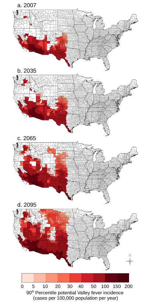 9/Here comes the inevitable...Over the years, temperature will increase, precipitation patterns will changeBy 2100- Cocci endemic area will double17 states will be affected# of cases will increase by 50%  https://agupubs.onlinelibrary.wiley.com/doi/epdf/10.1029/2019GH000209