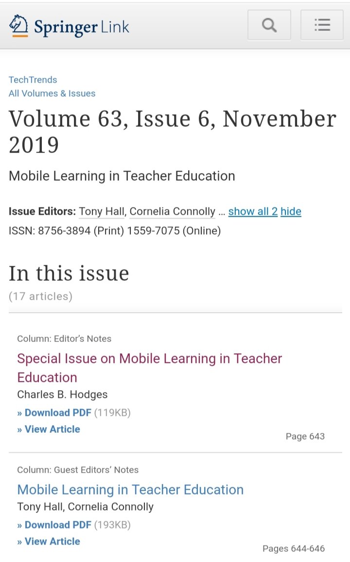 edtechne's tweet photo. Interested in the state of the art &amp; latest innovations with mobile technology in teacher education? The theme of Nov 2019 special issue of @AECTTechTrends featuring articles from the @MiTEconference @DeimpAdmin @imolente #mttep community @hodgesc https://t.co/LCKCa28WP4 #edtech https://t.co/l8X70OCJH9