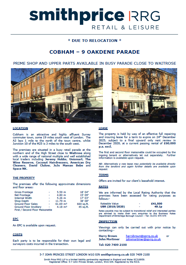 SmithPriceRRG's tweet photo. *NEW INSTRUCTION** #SPPRG are delighted to be disposing of a prime shop with upper parts in affluent #Cobham. The premises is located along a busy parade close to #Waitrose. Please contact us for further information. @ElmbridgeBC @HershamHub #shoptolet #retail https://t.co/4ysm2wLU1B