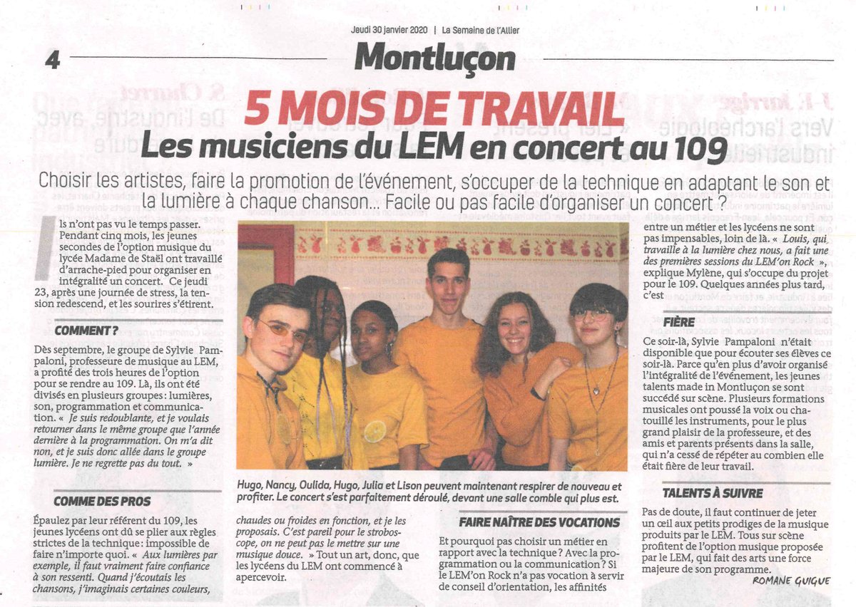 🗞 LA PRESSE EN PARLE 🗞
Bel article sur le projet LEM'On Rock à retrouver dans l'hebdo La Semaine de l'Allier😎Hipipip les #lycéens ! 👍
👍👍<a href="/LEM_03/">LEM03</a>
#Montluçon #109Montlucon #musique #concert #presse #Allier