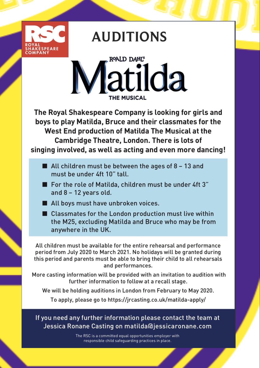 stellar_acting's tweet photo. @MatildaMusical is looking for talented girls and boys for the 2020 cast! https://t.co/ua6qekkKsx