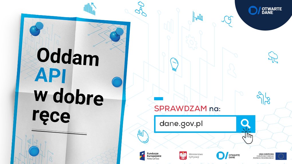 Grafika. Kartka z napisem: Oddam API w dobre ręce. Obok okienko wyszukiwarki internetowej z napisem: Sprawdzam na Dane.gov.pl. 