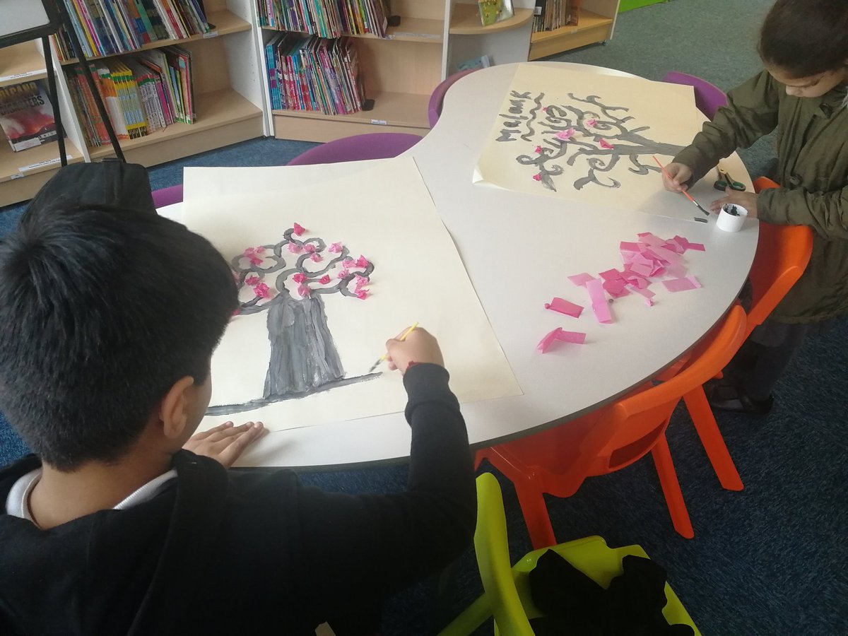 CORENansenLib's tweet photo. Yesterday we had #ArtClub in the Library, we painted trees and then added beautiful blossoms on them! #COREopportunity https://t.co/YiL2TbQesG