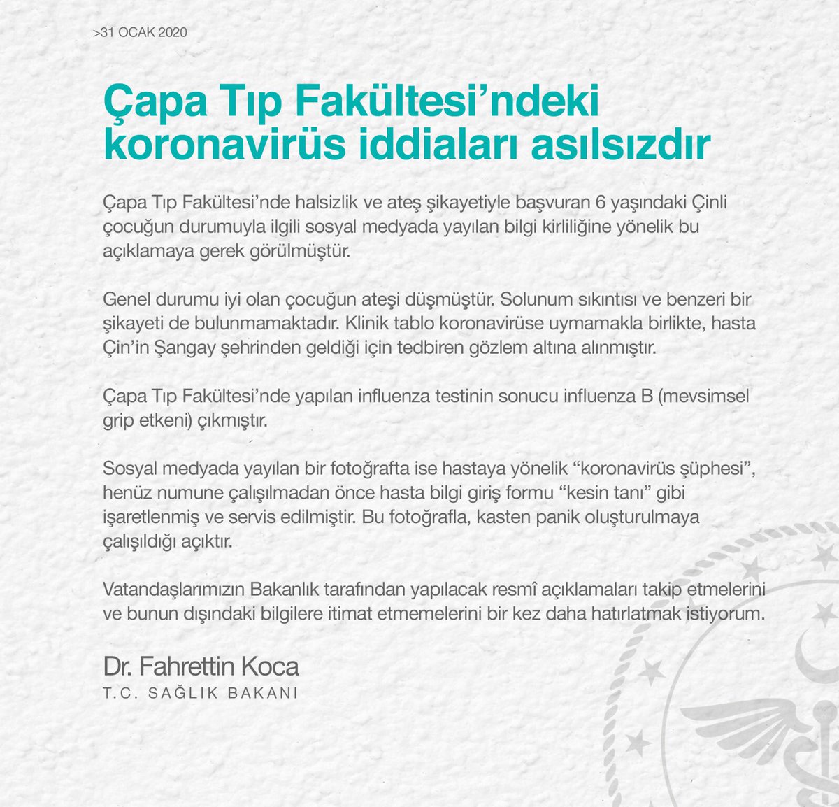 Bakan Koca'dan Koronavirüs açıklaması