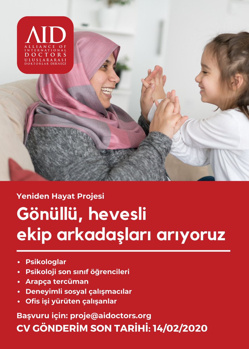 aidoctors's tweet photo. YENİDEN HAYAT PROJESİ için ekip arkadaşları arıyoruz!

Proje Amacı;

Savaş koşulları nedeniyle yurtlarından göçmek zorunda kalmış Suriyeli kadın ve çocukların psikolojik sorunlarının çözümlenmesi, uyum yapma becerilerinin gelişmesi için terapötik grup oturumların uygulanmasıdır. https://t.co/j5ugeV9grH