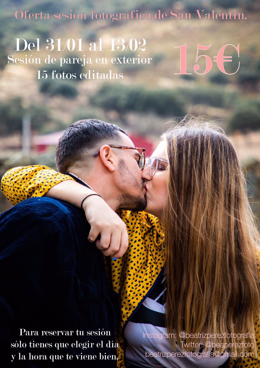 beaperezfoto's tweet photo. OFERTA DE SAN VALENTIN:
-Sesión de fotos en pareja en exterior
-15 fotos editadas por sólo 15���
RESERVA YA TU FECHA
Del 31/01 al 13/02 
Haz un regalo que nunca olvidará. https://t.co/iWsqDdk5Dz