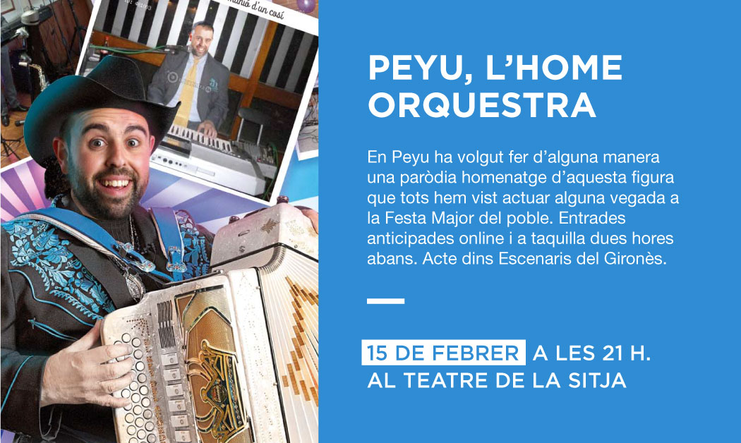 fornells_cat's tweet photo. Vine el dissabte 15 de febrer a les 21 h a veure l’obra "Peyu, l'home orquestra". Un homenatge de l’humorista català a aquesta figura tan peculiar!
Entrades anticipades online i a la taquilla de La Sitja dues hores abans. 
🏃‍ Corre! Les entrades volen!!!!

#escenarisgirones https://t.co/nWPrUSihTb