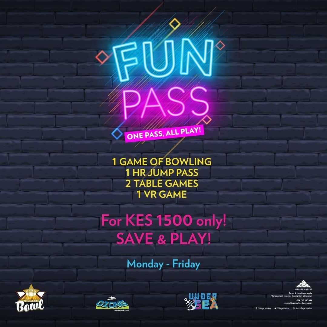 VillageMarket's tweet photo. We're giving you a Fun Pass! Every Monday to Friday you can purchase one pass that'll get you 1 game of bowling, a 1 hour jump pass, 2 table games and 1 VR game all for KSh 1,500 only! One pass, all play! Come have fun! (T's & C's apply) #vmrecreation #funatvillage https://t.co/RUYwoav3T9