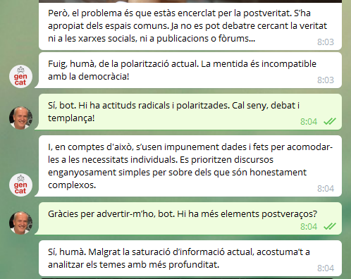jordigraells's tweet photo. Una de les parts de la conversa del #gencatBOT d'avui divendres. És sols una mostra; no et perdis tota la conversa. Molt oportuna pels temps que corren 😀✊‼️
👉 https://t.co/vUNzpg6ROH #Postveritat https://t.co/Td2WaB1lHm