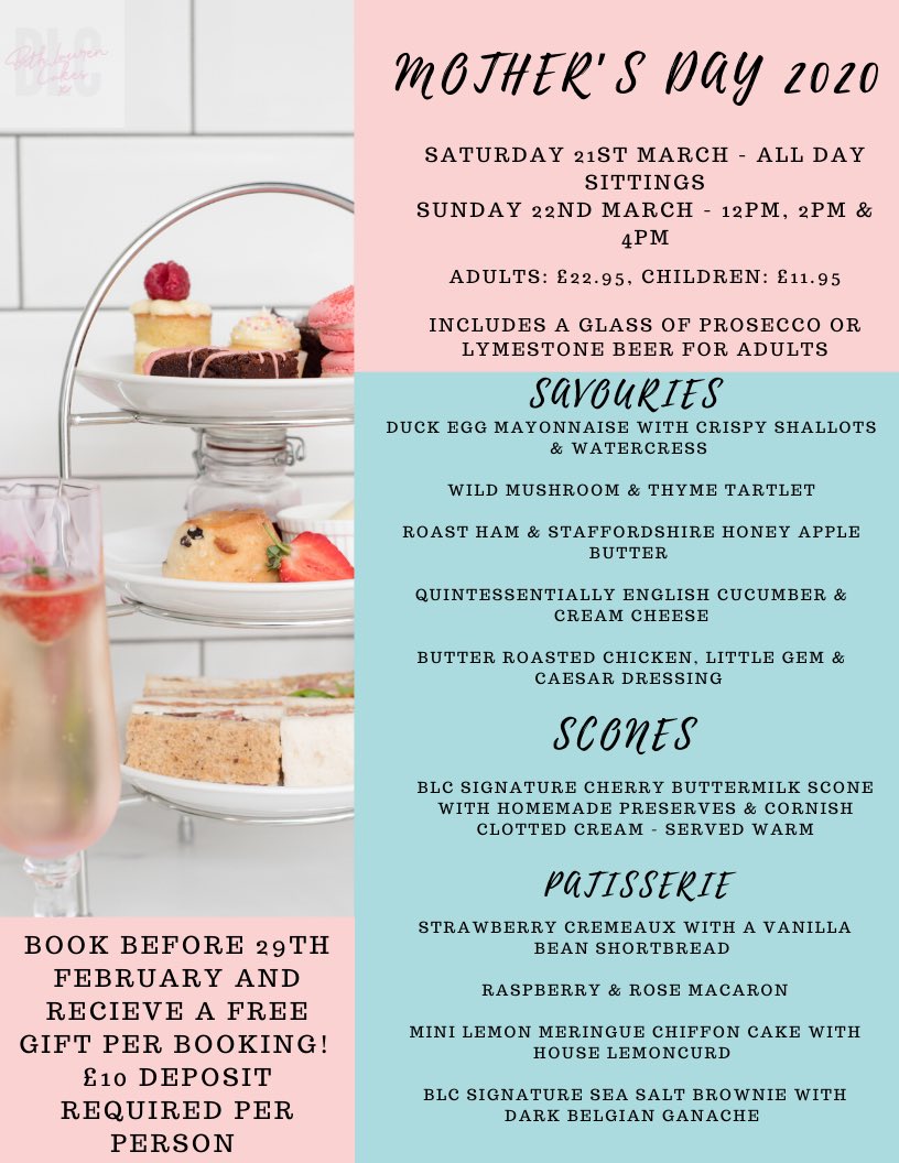 🌺MOTHER’S DAY 2020!🌺
Treat your Mum’s to a bespoke afternoon tea, lovingly handcrafted by Beth &amp; the team! Indulge in canapés, finger sandwiches, scones and patisserie, all lovingly and delicately prepared in house by Beth and the team.

#motherday #afternoontea #stonestaffs