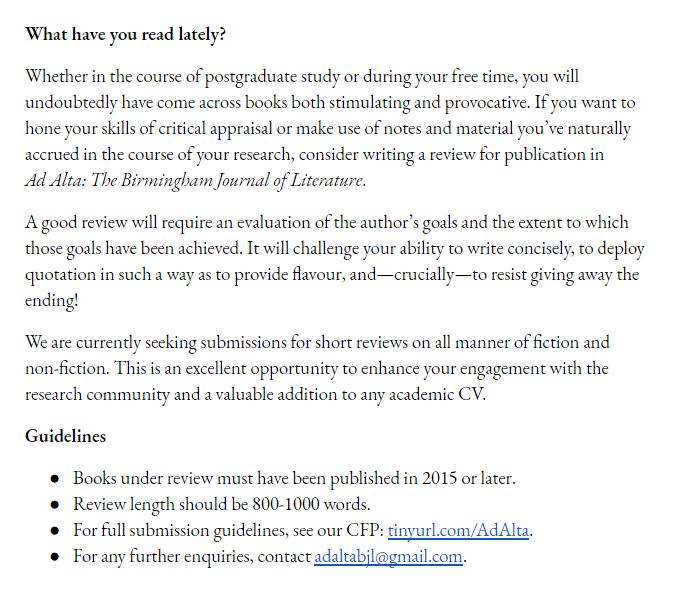 Guidance on what we are looking for from book review submissions (more information can be found at TinyURL.com/AdAlta)