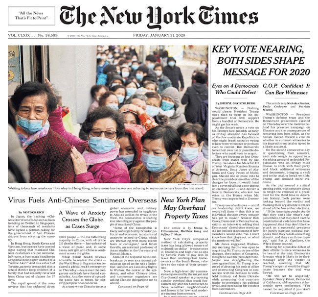 Today’s WP and NYT frontpages, prominently featuring  #coronavirus. • ht  @oliverdarcy  @brianstelter  @ReliableSources newsletter:  https://mailchi.mp/cnn/rs-jan-30-2020?e=18a761338b