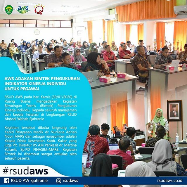 rsudaws's tweet photo. RSUD AWS pada hari Kamis (30/01/2020) di Ruang Buana mengadakan kegiatan Bimbingan Teknis (Bimtek) Pengukuran Kinerja Individu,  kepada seluruh manajemen dan kepala Instalasi di Lingkungan RSUD Abdoel Wahab Sjahranie 
Tujuannya adalah para pimpinan unit dapat menyusun indica… https://t.co/hv80PACobf
