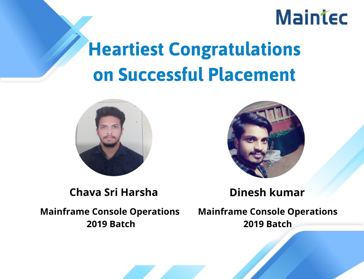 Maintec_Tech's tweet image. Congratulations for getting placed in the top MNC and wishing you all the very best for your career!
#Mainframedeveloper #Mainframeconsoleoperations