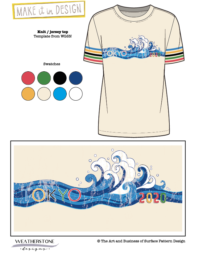 AmyWeatherstone's tweet photo. My response to Olympic brief in Module 2. Tokyo 2020 is the first time surfing is to be included in the Olympic Games ๐โโ๏ธ I took that as an excuse to look at retro surf T's ๐. #miidmodule2 #makeitindesign #designer #retrotshirt #Tokyo2020 https://t.co/wVFAv7mFp2