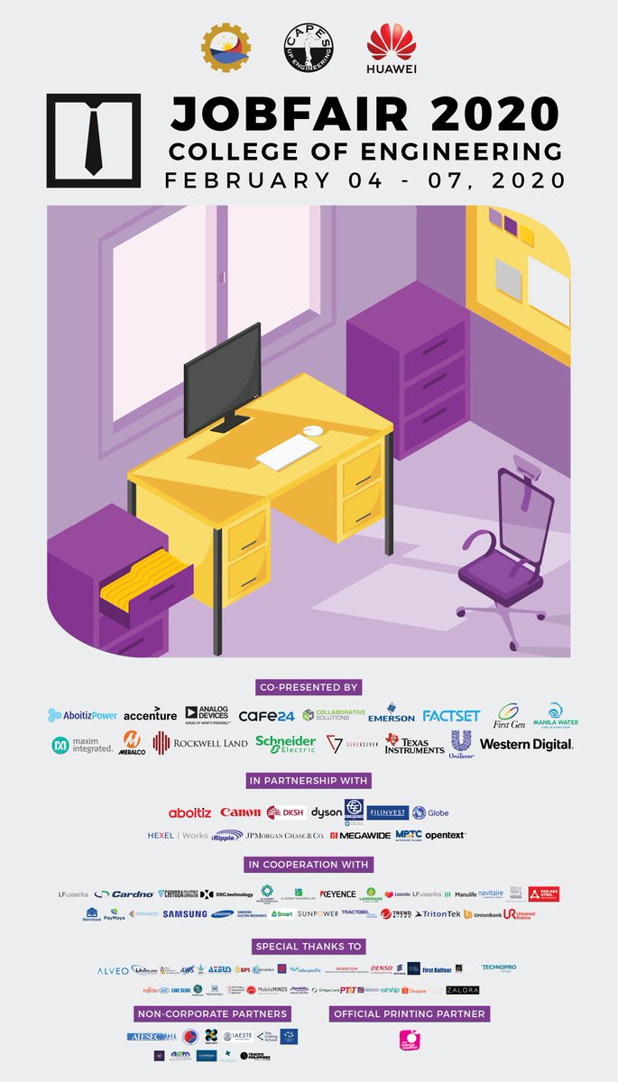 UPCAPES's tweet photo. Be part of the most anticipated career fair in the university. This coming Feb. 4 to 8, UP CAPES and Huawei bring you Jobfair 2020.

Hope to see you there! 

#EngineeringTheFilipinoFuture https://t.co/q8ouJ0xklb