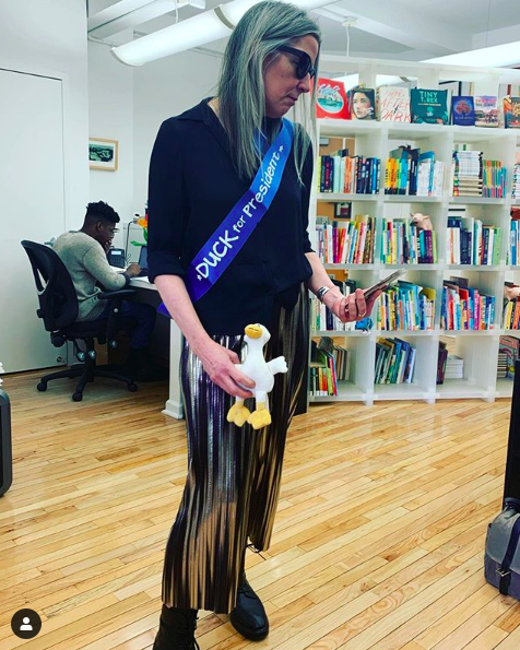 HollyMMcGhee's tweet photo. nerd trying to be cool / how did I do?😍#voteduck #kidlit #duckforpresident #clickclackmoo #twentiethanniversary https://t.co/uAOxhktWSU