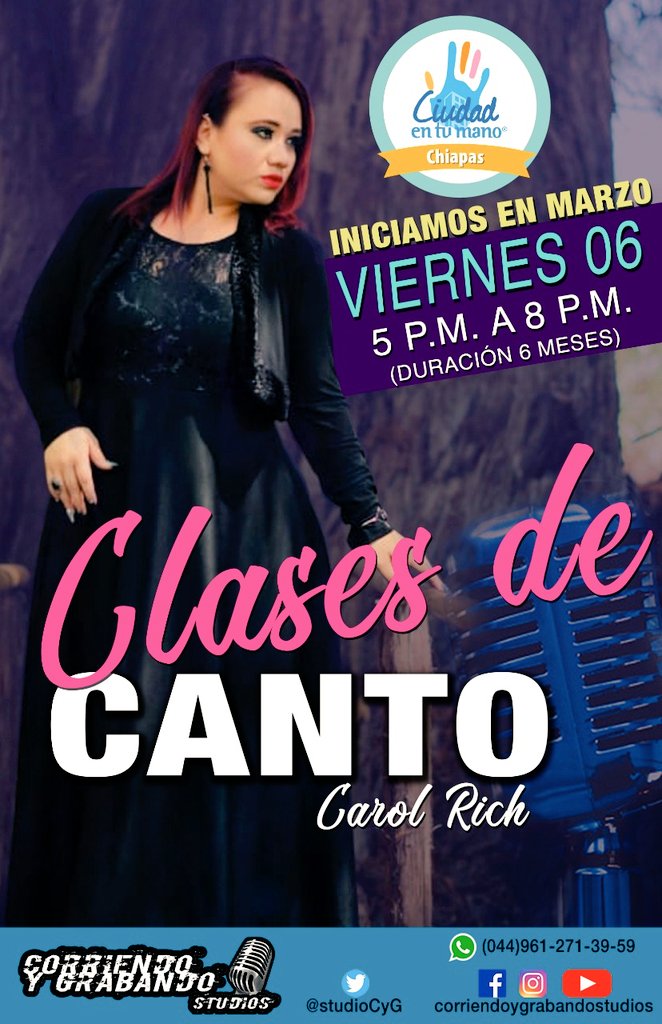chiapasentumano's tweet photo. 🔴CLASES DE CANTO🎙🎶

✅COACH:
CAROL RICH Carol Rich
CANTANTE MEZZOSOPRANO Y ACTRIZ CON EXPERIENCIA EN TEATRO MUSICAL.

✅SEDE:
Corriendoygrabandostudios

✅DURACIÓN: 6 MESES
CLASES: VIERNES DE 5 P.M. A 8 P.M.

✅📃RECONOCIMIENTO CON VALIDEZ OFICIAL

✅COSTO: $1,000 MENSUALES https://t.co/NncfW9vpnt