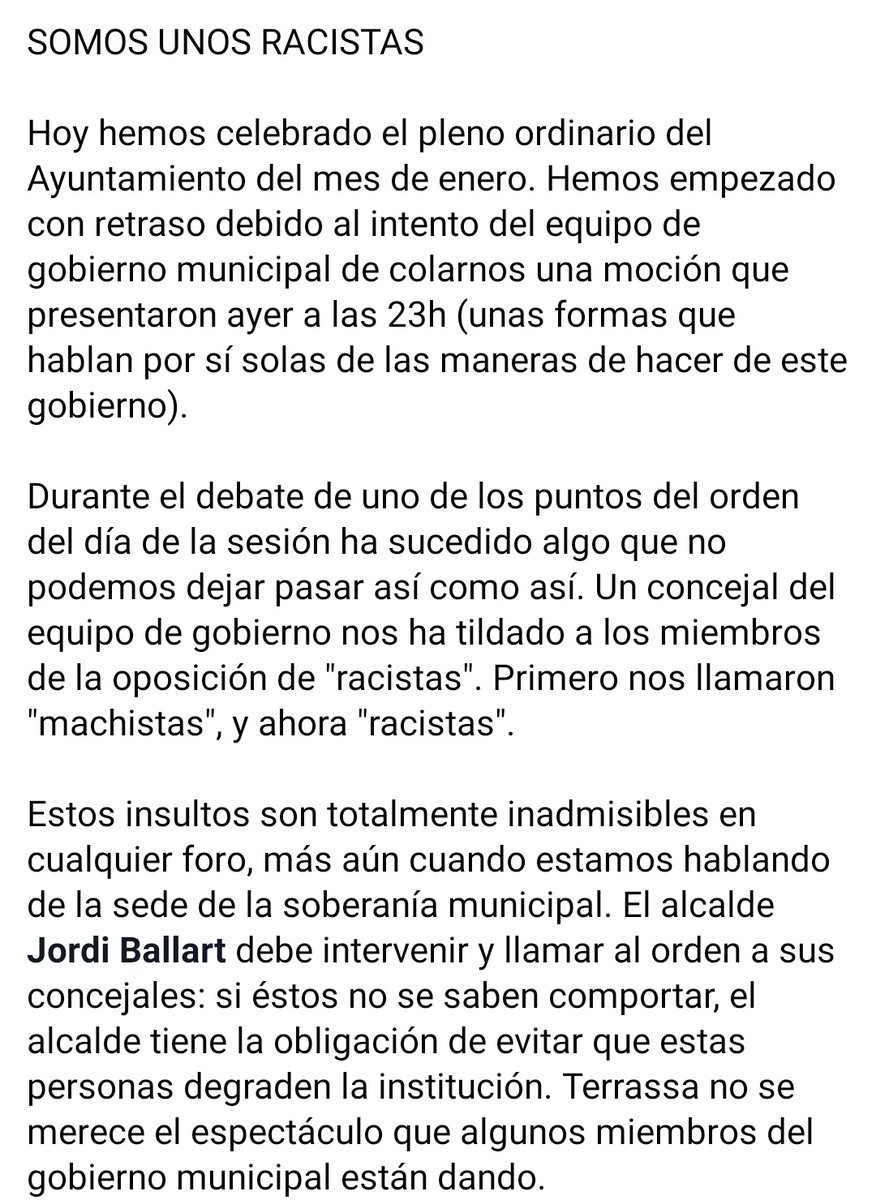 javigarciaro's tweet photo. SOMOS UNOS RACISTAS.
Lo que ha pasado hoy en el #pleTrs no se puede volver a repetir. El alcalde @jordi_ballart debe intervenir y evitar que los concejales de su gobierno degraden de esta manera la institución.
#Terrassa https://t.co/FxZCQuyCxW