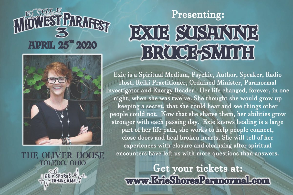 ShoresErie's tweet photo. This lady is the whole package. What can't she do? Exie is a fabulous speaker, published author, spiritual medium, psychic, reiki practitioner and paranormal investigator. No matter what she talks about on stage, you will be entertained and educated.
https://t.co/S122ZNVLyK https://t.co/6PwASriS7w