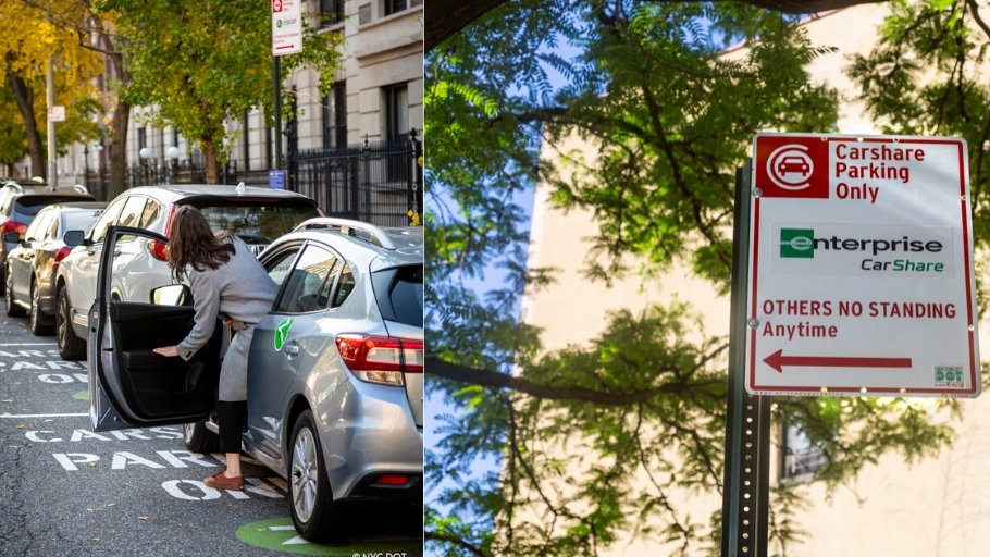 A collage of two photos. One shows a person getting out of a zipcar in a designated and marked parking spot. The other photo shows a sign indicating parking is for enterprise car share vehicles only.