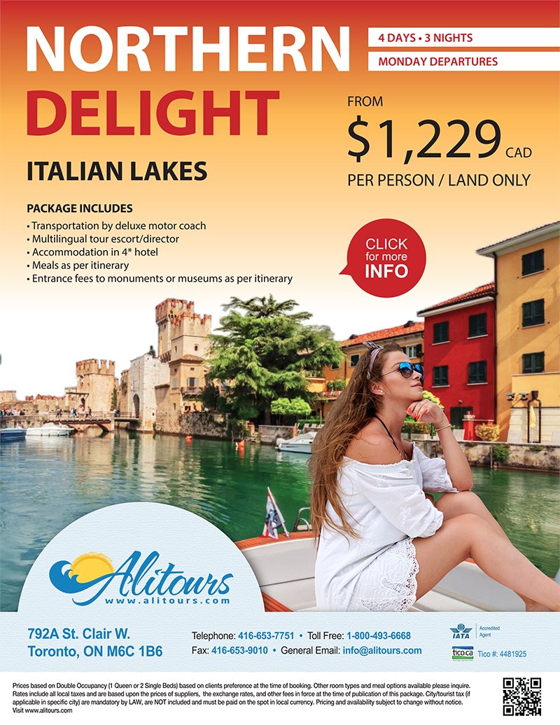 Alitours's tweet image. Northern Delight Tour
For more info see alitours.com or call 416-653-7751.
#italy #europe #italianlakes #vacation #tour #freedom #carrental #hotel #life #alitours #touroperator #toronto