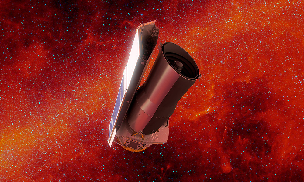 NASA Spitzer Space Telescope with a fiery red space backdrop.