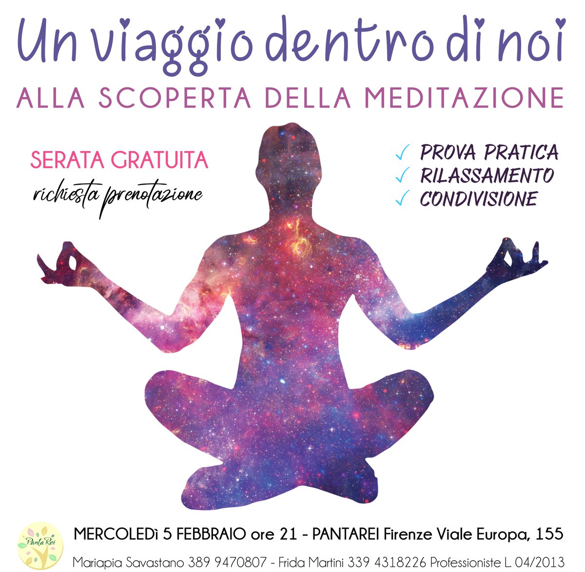 PantareiFirenze's tweet photo. Mercoledì 5 febbraio ore 21 presso Pantarei Viale Europa, 155 Firenze, si svolgerà una serata gratuita dal titolo "Un viaggio dentro di noi", alla scoperta della meditazione.
Necessaria la prenotazione chiamando Mariapia 389 9470807 o Frida 339 4318226 #PANTAREIFIRENZE https://t.co/S17ziFj84P