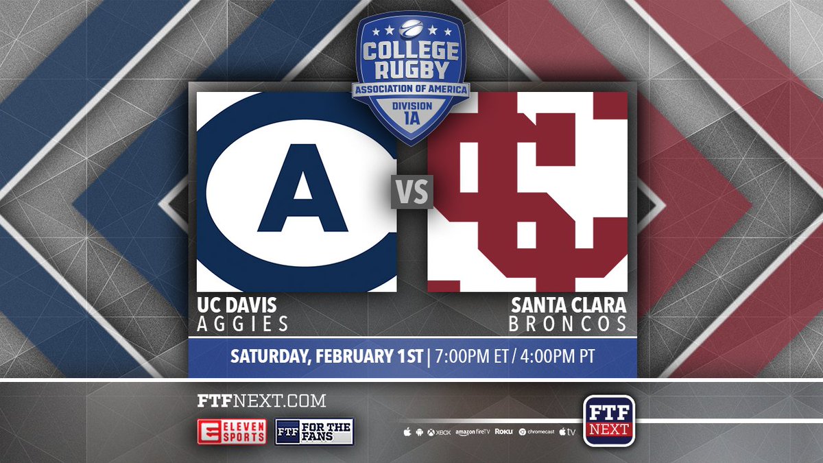 Check out this West Coast <a href="/D1ARugby/">D1A Rugby</a> matchup!

<a href="/UCDMensRugby/">UC Davis Men's Rugby</a> vs <a href="/SCUTSRugby/">SCUTS Rugby</a> 

Watch TOMORROW, February 1st @ 7 pm ET
📱Download the FTFNext App: bit.ly/2JoEgJE
💻FTFNext.com
📺Eleven Sports Network (Direct TV: 623) 

#rugby #d1arugby #d1
