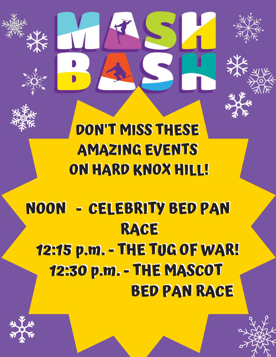 RVHFoundation's tweet photo. Don’t miss the famous celebrity and mascot bed pan races and tug of war happening on Hard Knox Hill starting at 12:00 p.m @SkiSnowValley! https://t.co/hD47zAaQTI