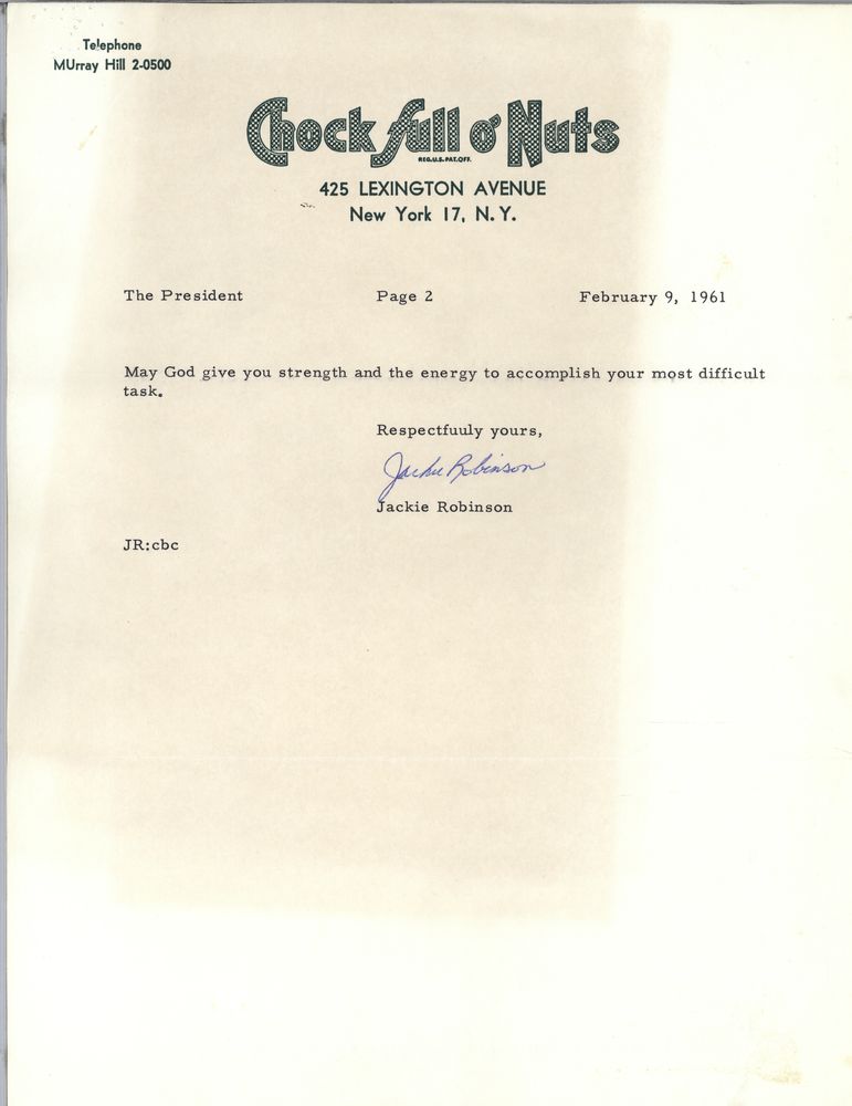Second page of letter on Chock Full of Nuts letterhead, signed Jackie Robinson