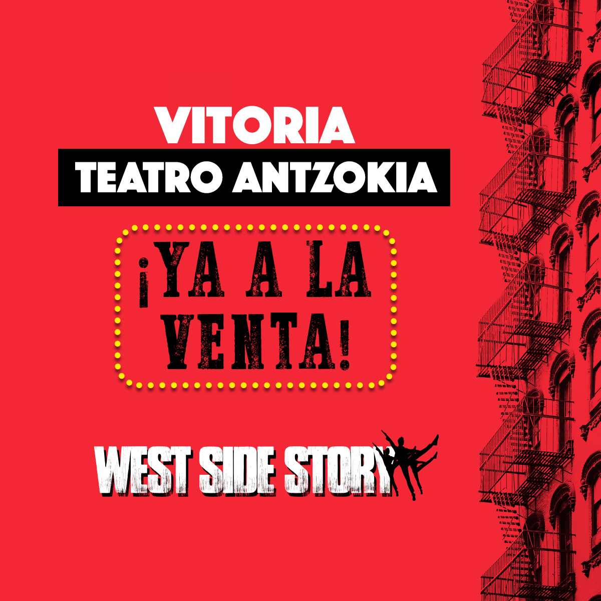 ¡VITORIA! West Side Story, el mayor musical de todos los tiempos YA A LA VENTA 🤩 Os esperamos del 21 al 24 de mayo en el Teatro Principal Antkoia 
🎟 Entradas: bit.ly/westsidestory-…