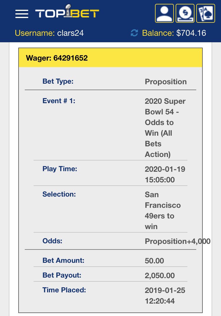 FREE $$$ GIVEAWAY: $100 to FIVE of you if the Niners win the Super Bowl and we can get <a href="/topbetsports/">Top Bet</a> to send my payouts. Right now I have a $1500 pending payout for over a year with $700+ remaining...and possibly $2100 from the bet below. 

RETWEET to be eligible!