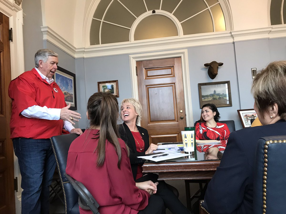 MoPublicSafety's tweet photo. Inspired by @GovParsonMO's confidence this #RedFriday morning in the outcome of Sunday's game. No score prediction but, “Be prepared for the parade next week in #KansasCity!" (note the @Chiefs shirt he's sporting)
#ChiefsKingdom #SuperBowl https://t.co/Yms3ElGfeR