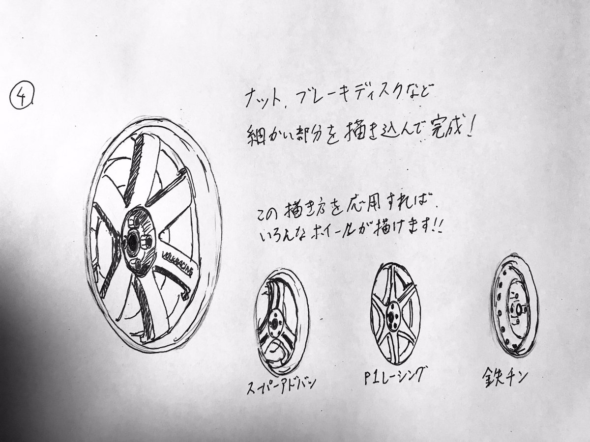 「ボディーはそこそこ描けるけど、ホイール描くの苦手…」という方のために、簡単にカッコよく、立体感のあるホイールの描き方講座です。
描き方が分かれば意外とホイールなんて難しくないですよ! 
