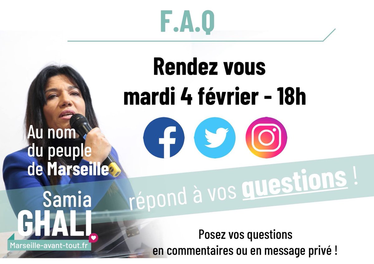 SamiaGhali's tweet photo. [#FAQ] J'organise ma première séance de foire aux questions !

On se retrouve Mardi 4 février à partir de 18h sur Facebook, Twitter et Instagram où je répondrai à vos questions. 

Posez moi vos questions en commentaire de cette photo ou en message privé. 

#MarseilleAvantTout https://t.co/qyxYT59tXc