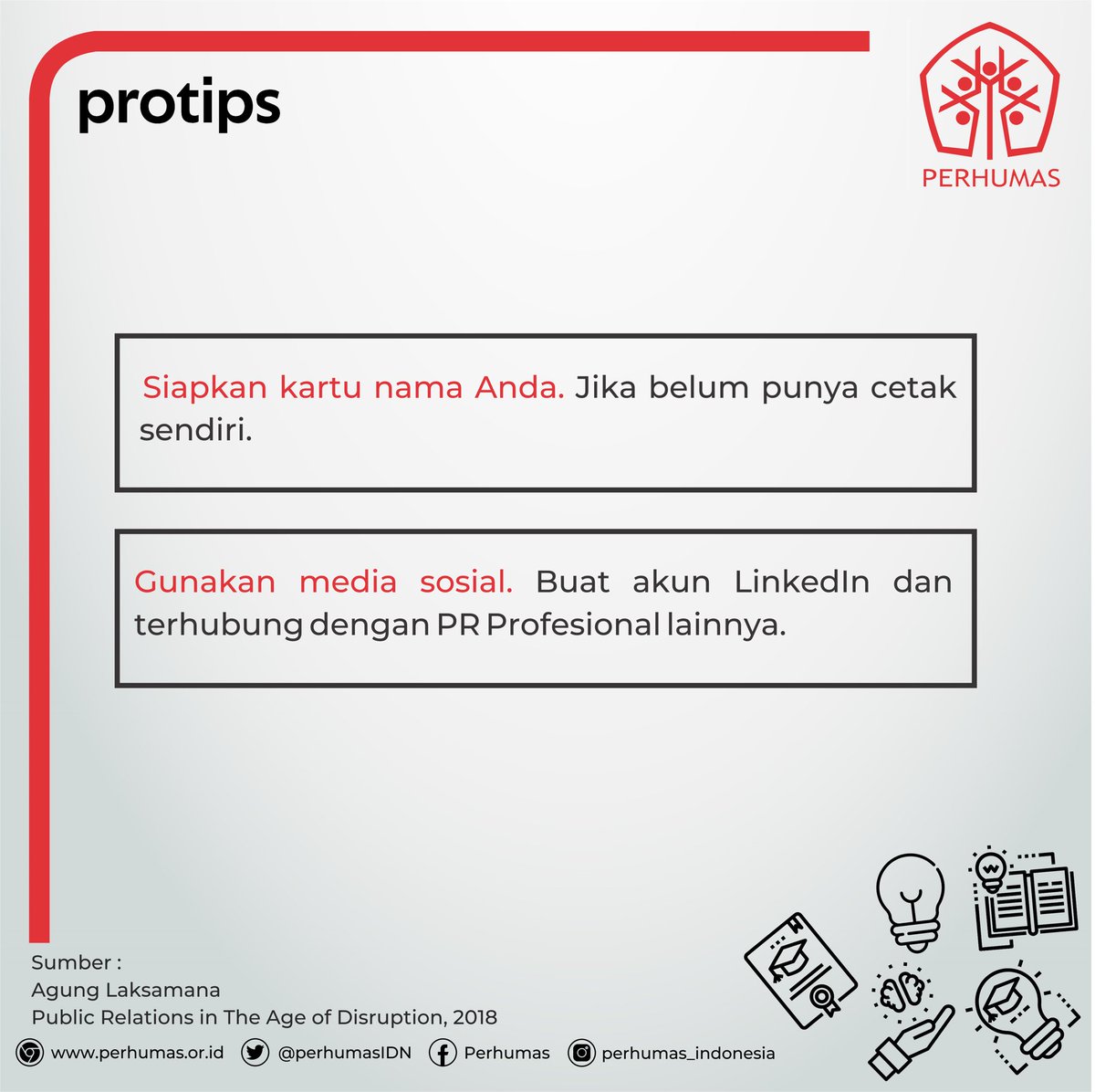 PerhumasIDN's tweet photo. The power of networking! Networking adalah salah satu kunci sukses PR. Nah di protips kali ini, ada tips networking nih untuk Sobat Humas, jangan lupa dicatat ya!
__
#ProTips #ProfesionalTips #Networking #Humas #PERHUMAS #IndonesiaBicaraBaik https://t.co/6tqFxItlvt
