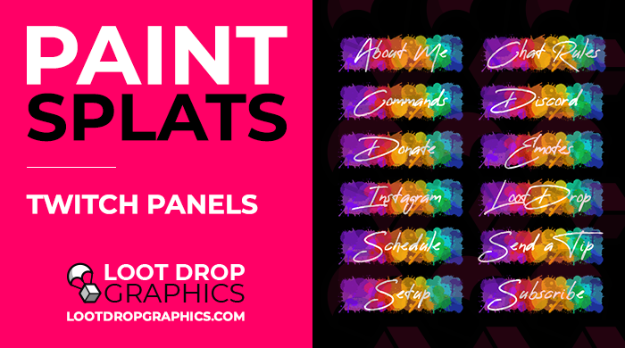 lootdropgraphic's tweet photo. Paint Splat Twitch panels are now available in the Loot Drop Graphics store.

✅ 14 x Paint Splat themed Twitch panels
✅ 320px x 100px transparent PNG's
✅ Editable PSD File
✅ Help Documentation
✅ Instant Download

https://t.co/TgNm2mcya1 https://t.co/48p5OOIdQv
