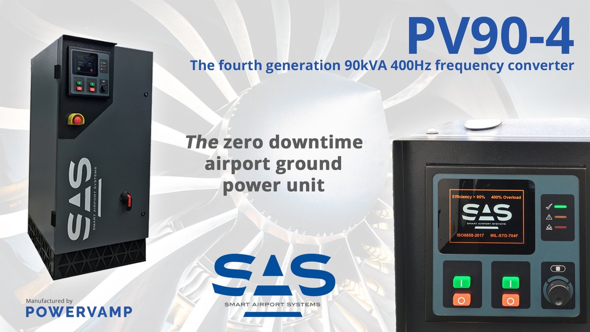 The PV90-4 available from Smart Airport Systems (SAS) is the fourth generation 90kVA, 400Hz frequency converter manufactured by <a href="/Powervamp/">Powervamp</a>.

For full technical specification:
powervamp.com/products/ac-40…
#Smartairportsystems #Powervamp #PV90 #Aviation