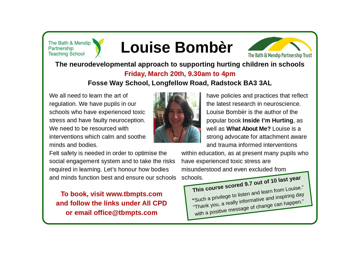 tbmpts's tweet photo. Louise Bomber is coming to visit us in March. The neurodevelopmental approach to supporting hurting children in schools - Friday, March 20th Fosse Way School BA3 3AL. £90 including lunch. https://t.co/npojdGJhzQ https://t.co/IPf1C9NeAM