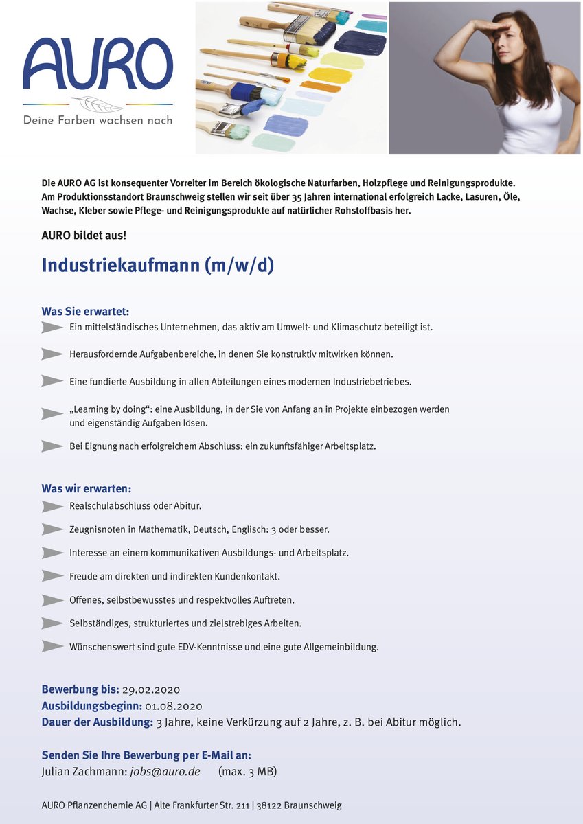 AURO bildet aus! Wir suchen zum August 2020 einen Industriekaufmann (m/w/d)! Werde Teil unseres Teams und sende deine Bewerbung bis zum 29.02.2020 an jobs@auro.de
#Ausbildung #Braunschweig #Ausbildung2020 #Industriekaufmann