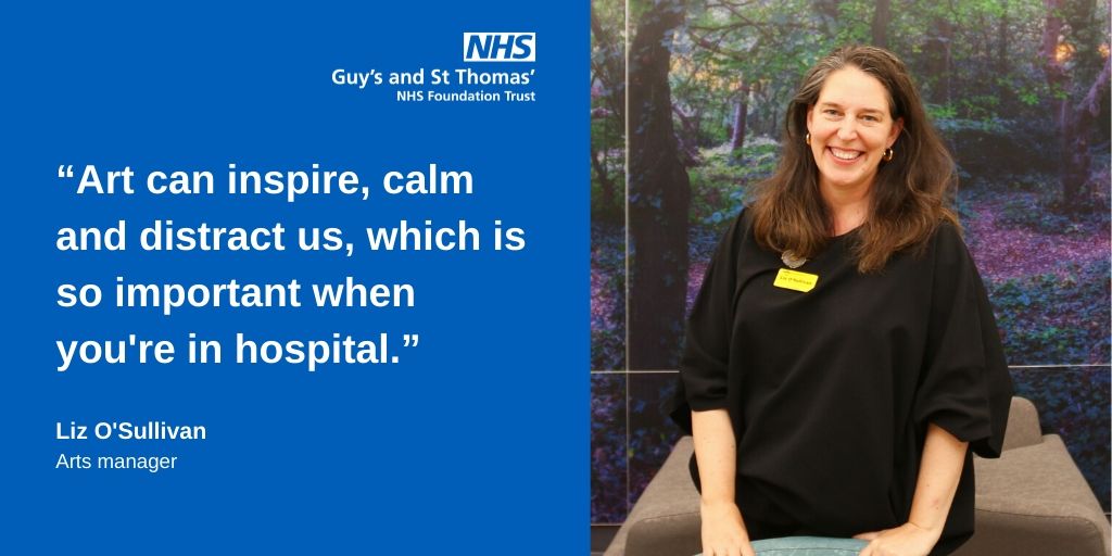 Art manager Liz O'Sullivan next to the quote: "Art can inspire, calm and distract us which is so important when you're in hospital."