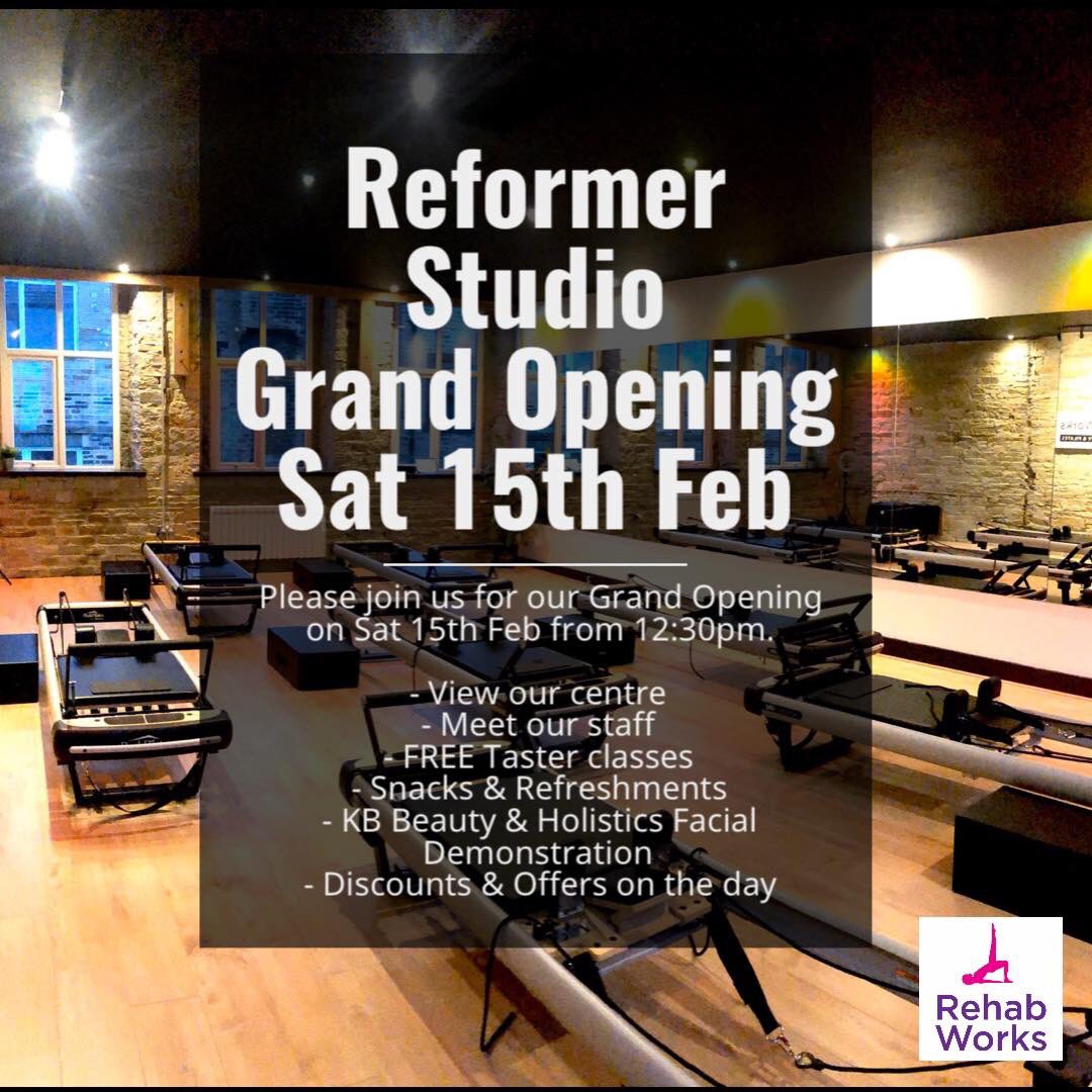 therehabphysios's tweet photo. We invite you to join us for the Grand Opening of our Reformer Pilates Studio at Rehab Works in Brighouse, Saturday 15 February from 12:30pm.

Book a FREE 30min taster sessions at the following times: 
12:30 with Laura 
13:10 with Amie 
13:50 with Jane 
#reformer #Pilates #rehab https://t.co/WuQVYpjPtv
