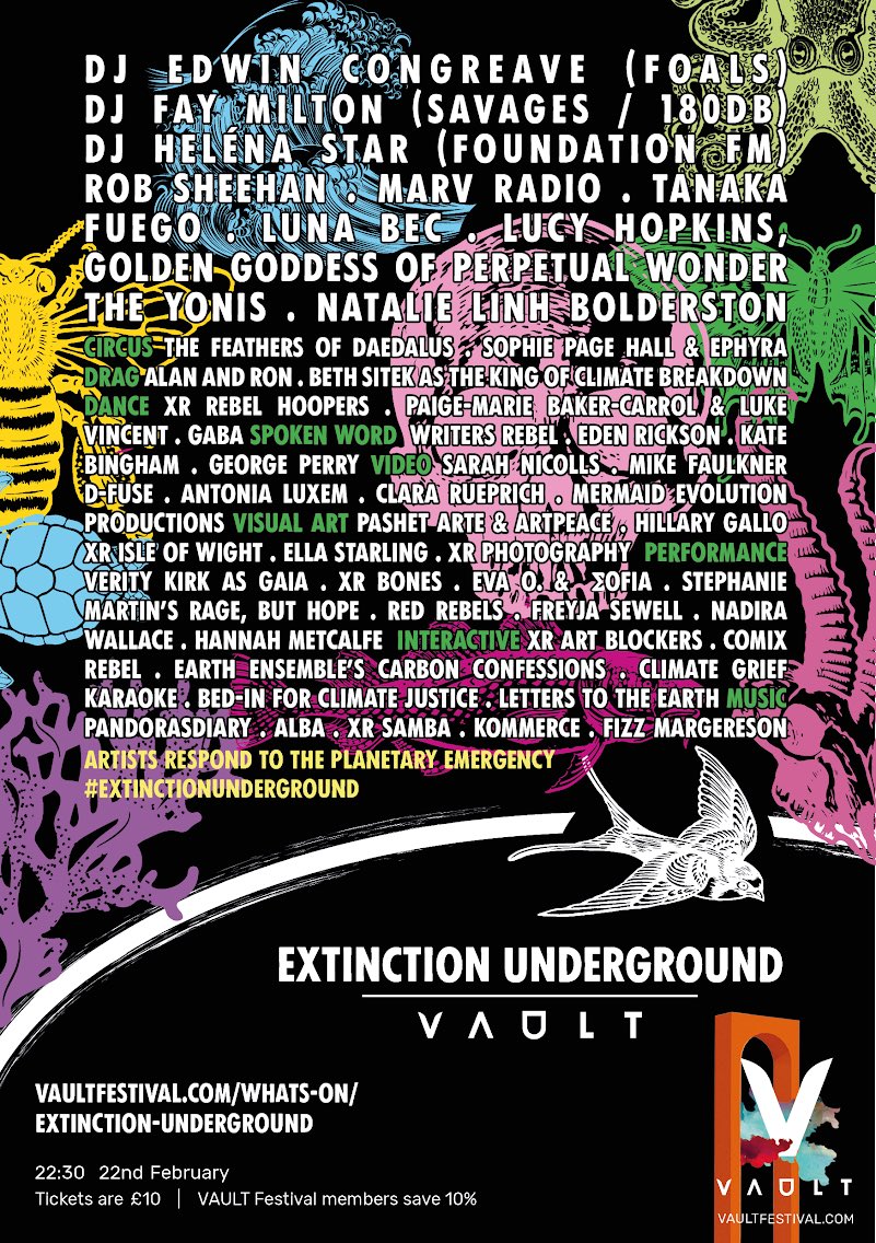 Did someone say #payday ?

Alongside acts of regeneration, movement-building &amp; re-wilding, the #ExtinctionUnderground takeover @VAULTFestival also features a special DJ set by Edwin Congreave of <a href="/foals/">FOALS</a> 

£10 tix selling fast, book now: bit.ly/3aSWlNY

#VAULTFestival2020