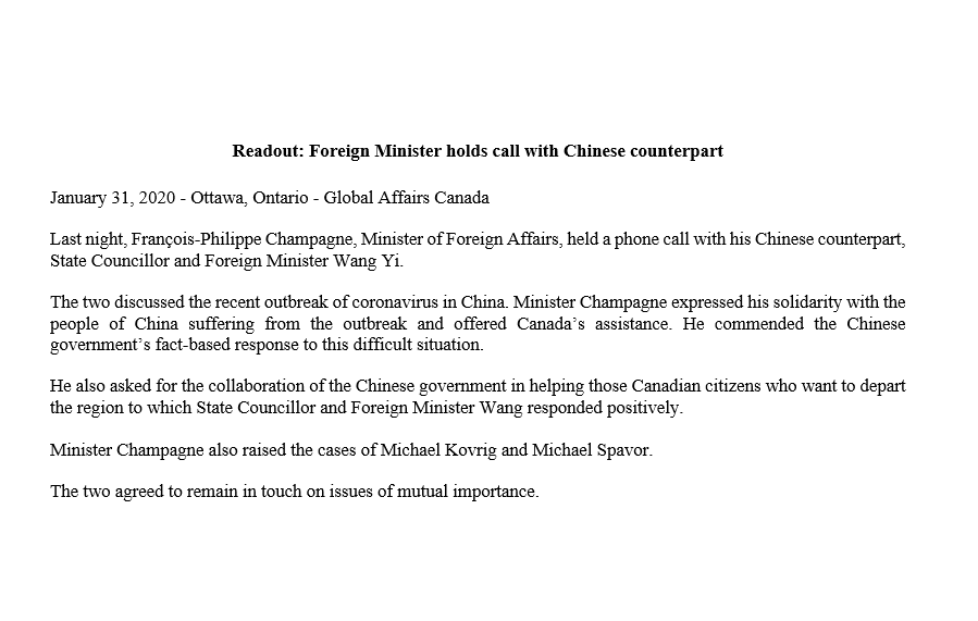 FP_Champagne's tweet photo. Last night, I spoke with my counterpart State Councillor and Foreign Minister Wang Yi to ask for the collaboration of the Chinese government in helping Canadian citizens who want to depart the region, Wang Yi responded positively. https://t.co/yXk28utE9r