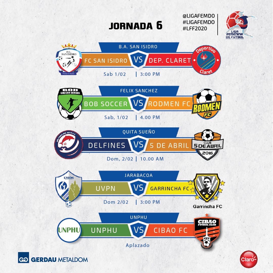 #LigaFemDO| ¡Así se jugará la jornada 6⃣ de la Liga de Fútbol Femenino! 📆🇩🇴⚽️

¿A cuál partido irás? 👀🏟

#LFF2020 🇩🇴⚽️