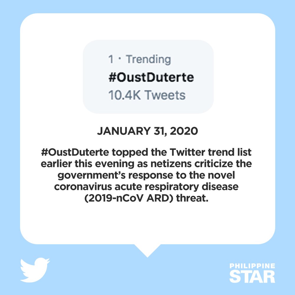 PhilippineStar's tweet image. As of 9:30PM on Friday, #OustDuterte is the third trending topic in the Philippines. 

What are your thoughts on how the government is responding to the novel #coronavirus outbreak?