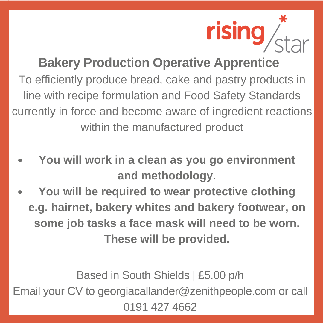 JW Rae Ltd. are looking for a Bakery Production Operative Apprentice to join their team.

Get in touch by emailing your CV to georgiacallander@zenithpeople.com 

#apprenticeship #apprentice #careers #CustomerService #qualifications #experience #NorthEast