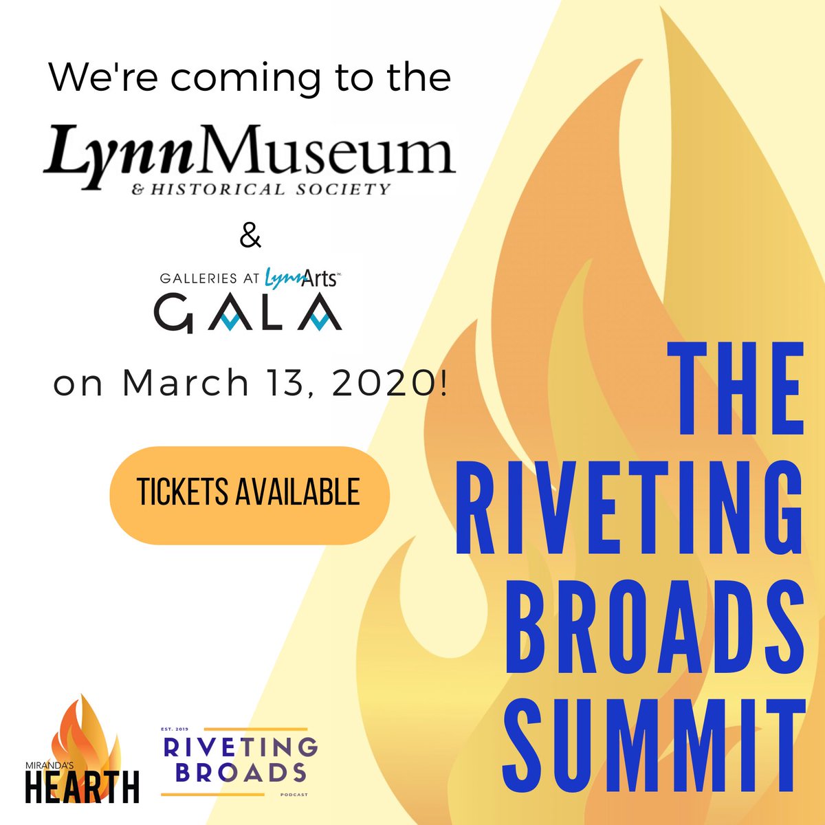 #RivetingBroads are taking  <a href="/lynnmuseum/">Lynn Museum/LynnArts</a> and @galleriesatlynnarts by storm on March 13!

Our hosts are both wonderful, local, women-led businesses. Buy your tickets now to join us in these beautiful spaces.

The #RivetingBroadsSummit is hosted by <a href="/mirandashearth/">Miranda's Hearth</a> &amp; <a href="/rivetingbroads/">rivetingbroads</a>